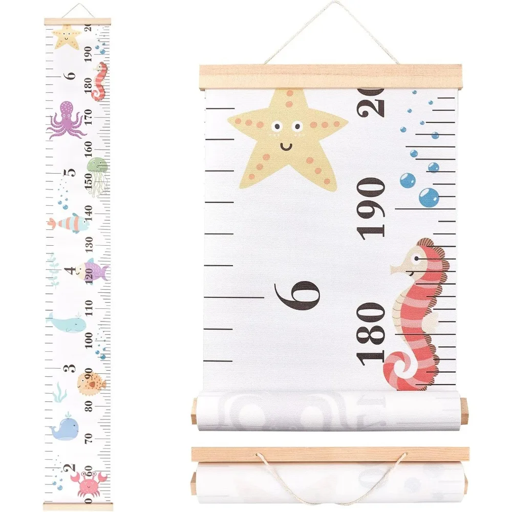 Sea Animals Growth Chart Fabric Canvas Height Measurement Ruler Wood Frame Hanging Removable Cartoon Wall Rulers