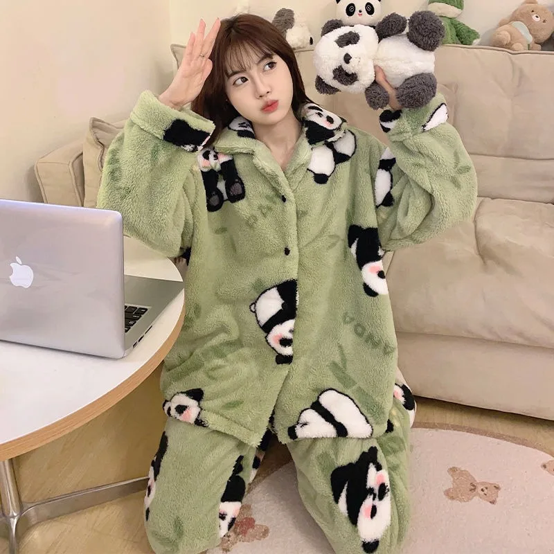 Pajamas Women Autumn Winter Panda Coral Fleece Lapel Cute Nightclothes Suit Female Casual Loose Fleece-lined Warm Loungewear