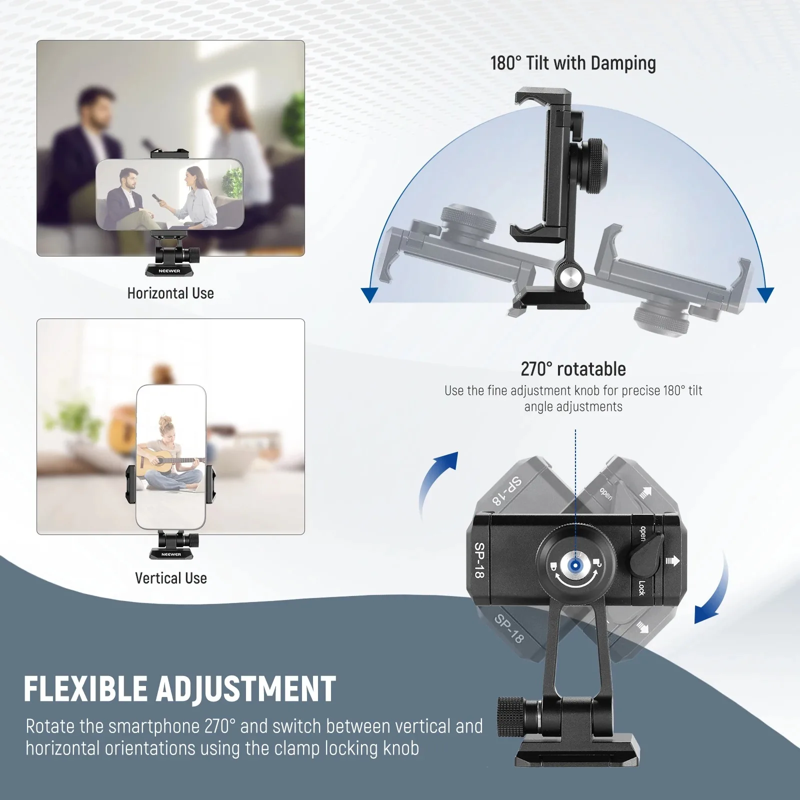 NEEWER Telefoonstatiefadapter met Arca QR Base Cold Shoe 360 °   Draaibaar 180 °   Kantelbare telefoonhouder voor iPhone