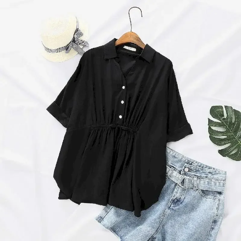 Koreaanse losse blouses damesmode trekkoord v-hals effen kleur korte mouw trui shirt zomer trend slanke dunne drop blouse