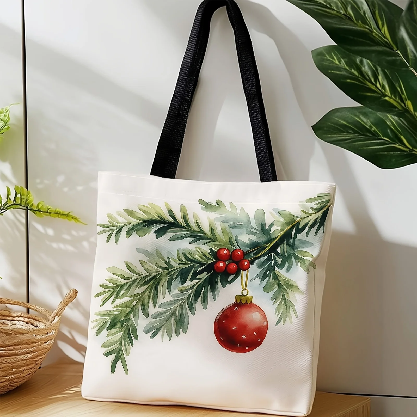 Lightweight Foldable Tote Bag with Red Green Holly Berry Christmas Design Golden Capable-Looking Ornament Accent Canva Bag