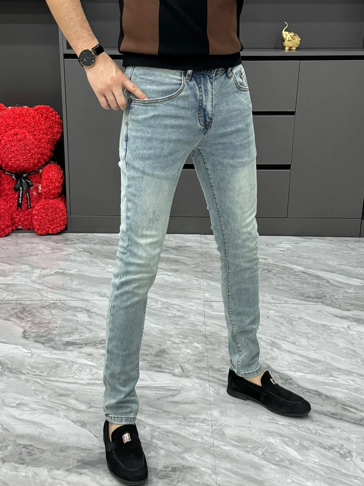 Washed Jeans Men's Summer New Vintage Straight Leg Light Color Handsome Slim Fit Nine Points Casual Jeans mid High Waist