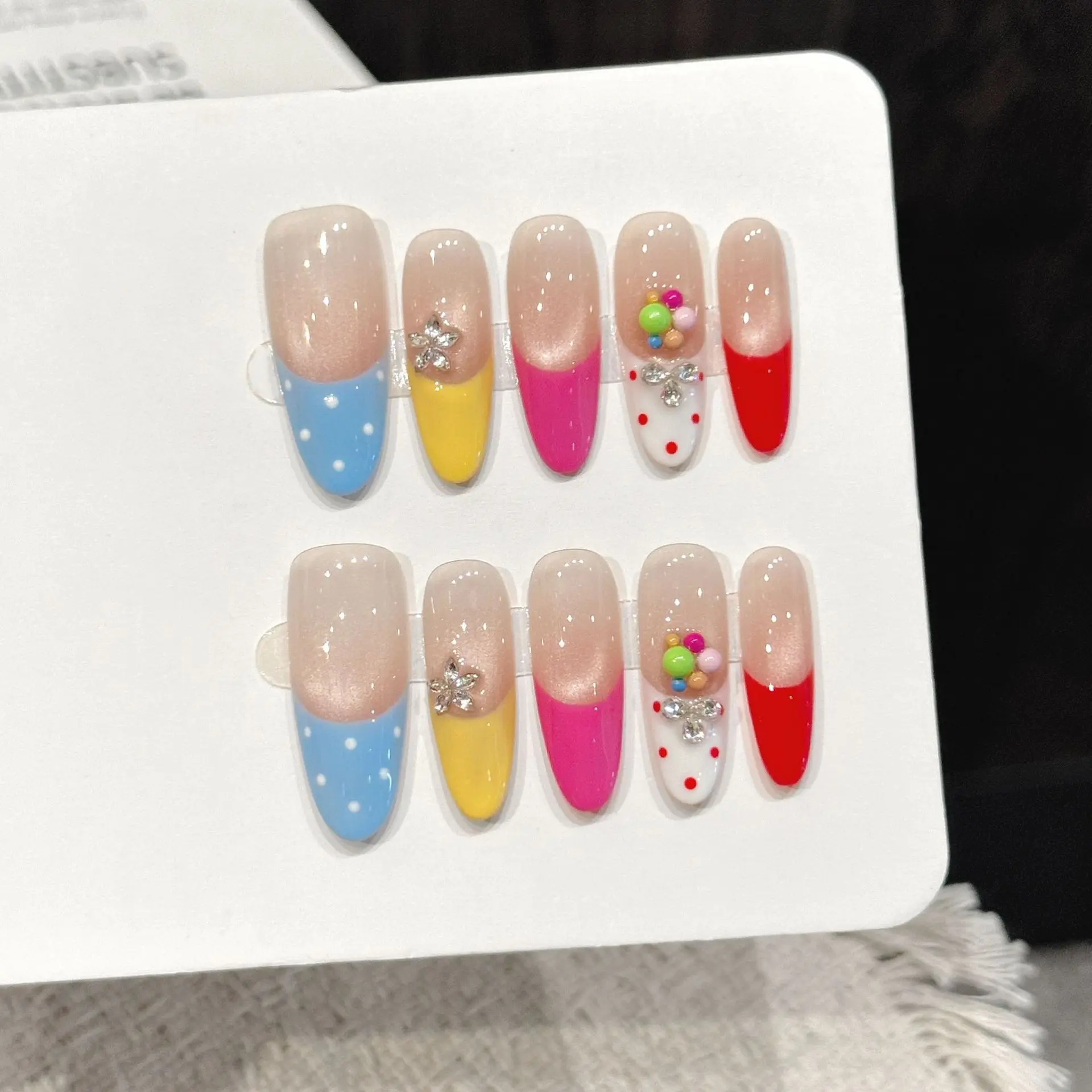10PCS Oval Handmade Press On Nails, Sea Salt Blue-brown Contrast Wave Point, Dopamine French Cat's Eye, Suitable for Parties and