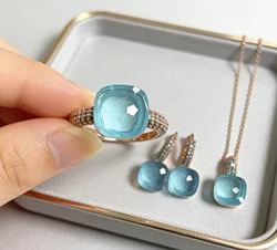 3Pcs/Set Classic Ring Earrings Necklace Jewelry Set Inlay Light Blue Zircon Candy Crystal Jewelry Set Blue Topaz Jewelry Gift