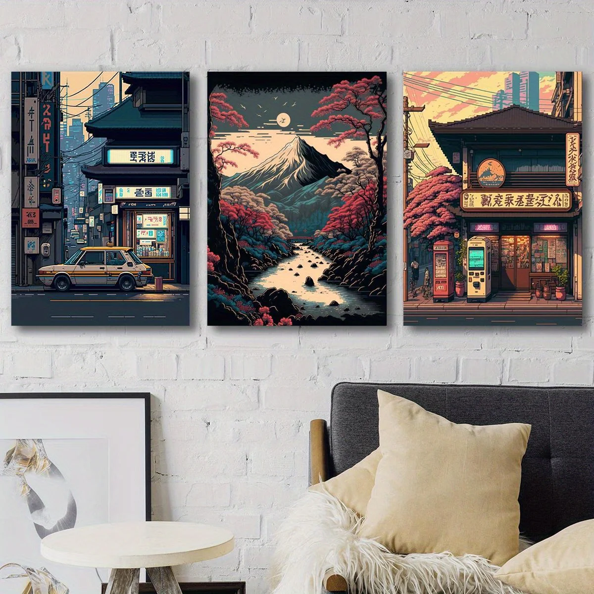 3pcs/set Japanese Night Shop & Cherry Blossom Landscape Canvas Prints City Nature Scenes Wall Art Posters for Modern Home Decor