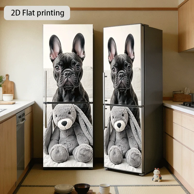 of Refrigerator Sticker Featuring a French Bulldog And a Gray Rabbit Design. Self-Adhesive Wall Decoration Suitable for Cabine
