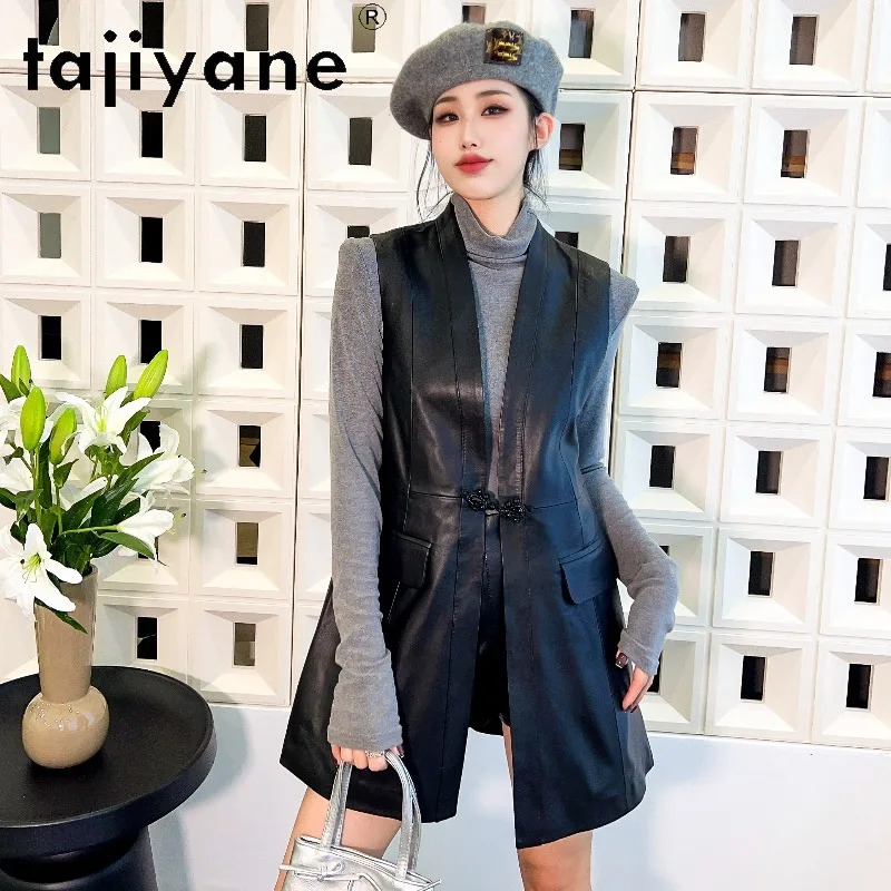 TAJIYANE Black Genuine Sheepskin Leather Jacket Woman Slim Fit Gilet Mid Length Leather Vest Sleeveless Outerwear Veste Femme