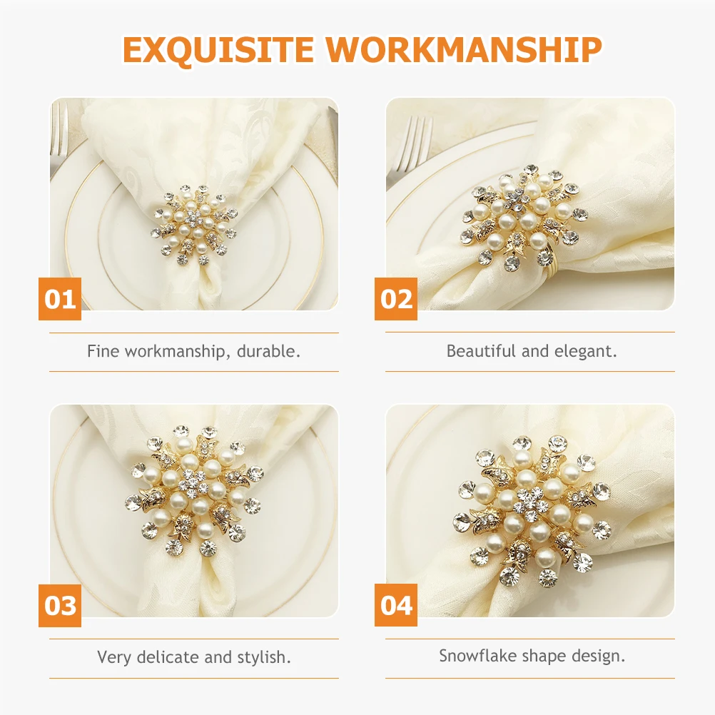 

4 Pcs Napkin Buckle Rings Christmas Pearls Holder Holders Wedding Buckles Snowflake Metal Rhinestones