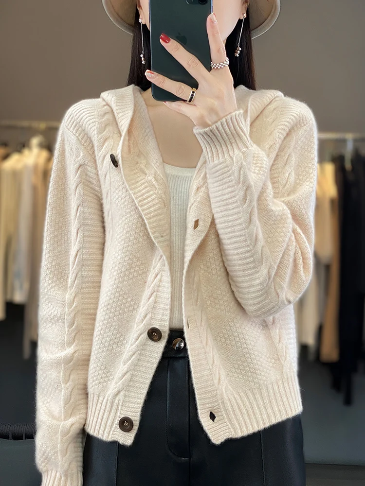 Women Short Wool Sweaters Casual Hoodie 100% Merino Wool Long Sleeve Cashmere Knitted Cardigan Korean 2023 Autumn Winter Tops