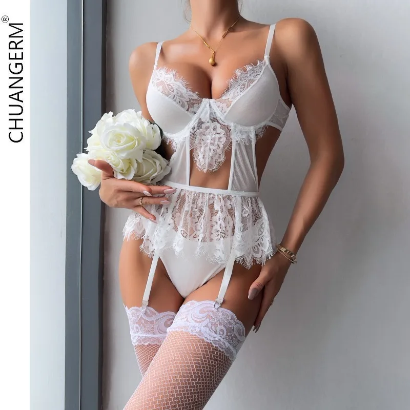 CHUANGERM Lace Romantic Lingeries Cut Out Bilizna Sexy Body G-String Ruffled Stocking Ensemble Lingeries Sexy Honeymoon Outfit