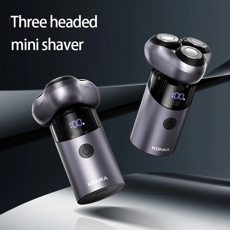 2025 Xiaomi Konka ثلاثة رئيس ماكينة حلاقة صغيرة للرجال ماكينة حلاقة كهربائية السفر المحمولة المعادن غسلها شحن ماكينة حلاقة Type-C كابل شحن
