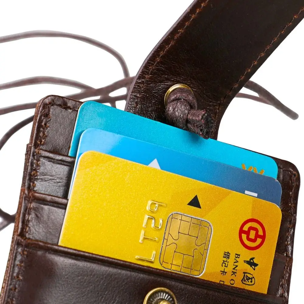 جلد طبيعي حامل بطاقة الهوية RFID حجب مع الحبل RFID حجب غطاء البطاقة محفظة رفيعة محفظة نسائية للعملات المعدنية حاملي بطاقات العمل