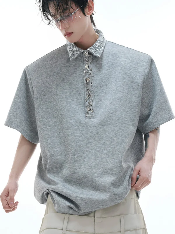 

American Retro Heavy Work Loose ort Sve irt Men's T-irt Bright Sequin Square Collar Pin Design Summer Faion