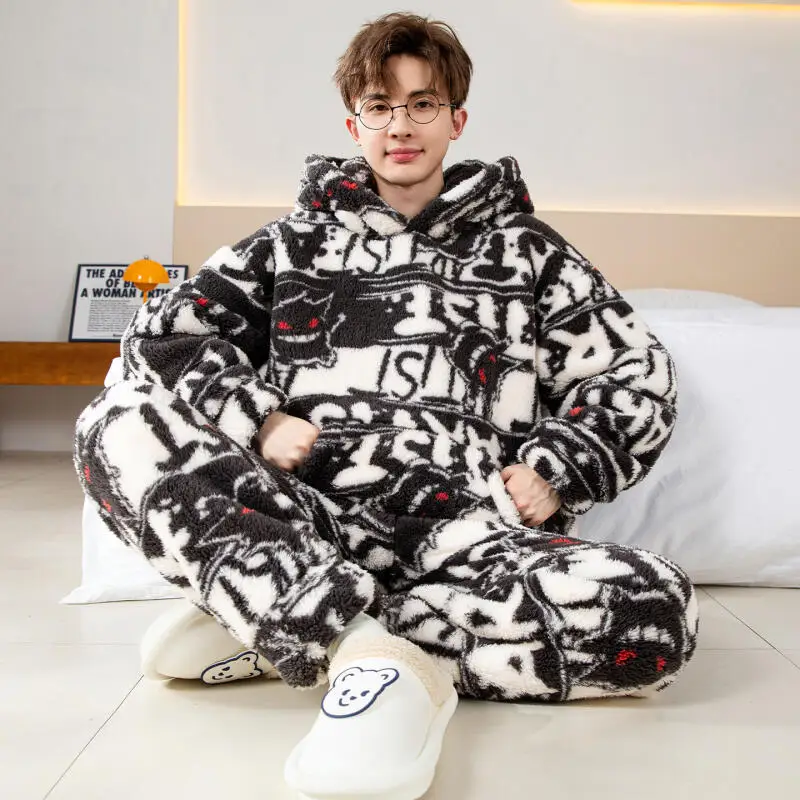 Мужские пижамы с рисунком Покемон Пикачу Снорлакс Генгар, зимние толстые теплые домашние костюмы с капюшоном, комплект праздничного подарка другу