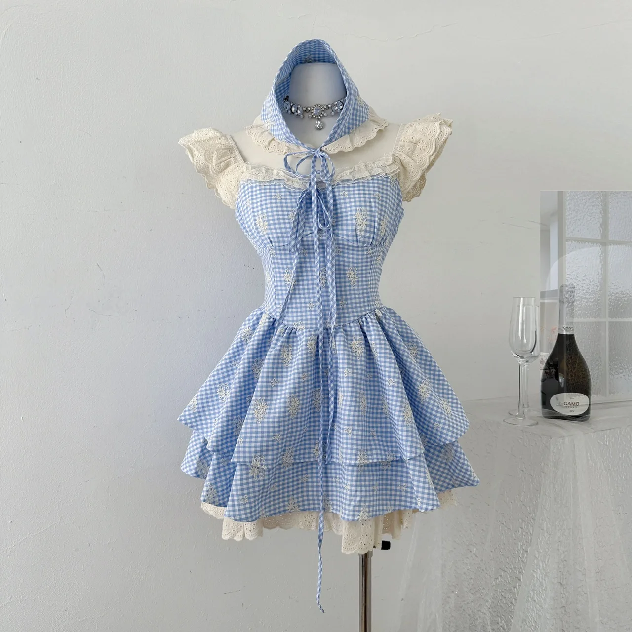 Vestido Vintage francés dulce para mujer, minivestido ajustado de encaje Kawaii con mangas voladoras, Hada elegante Harajuku Y2k, trajes elegantes de verano