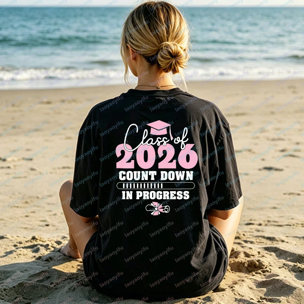 Class of 2026 Graduation Cotton T-Shirt for Women Countdown in Progress Graphic Tee Trend Pink Senior Casual Tops for 2026 Grads