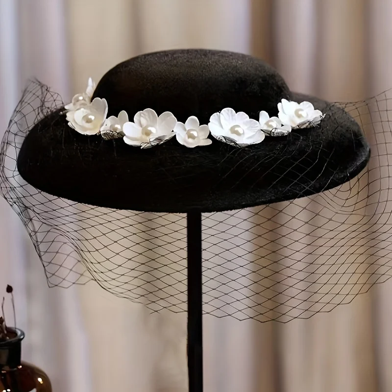 Hepburn-Chapeau à fleurs en voile français noir, vêtements de sauna pour patients, accessoires de studio, chapeau habillé