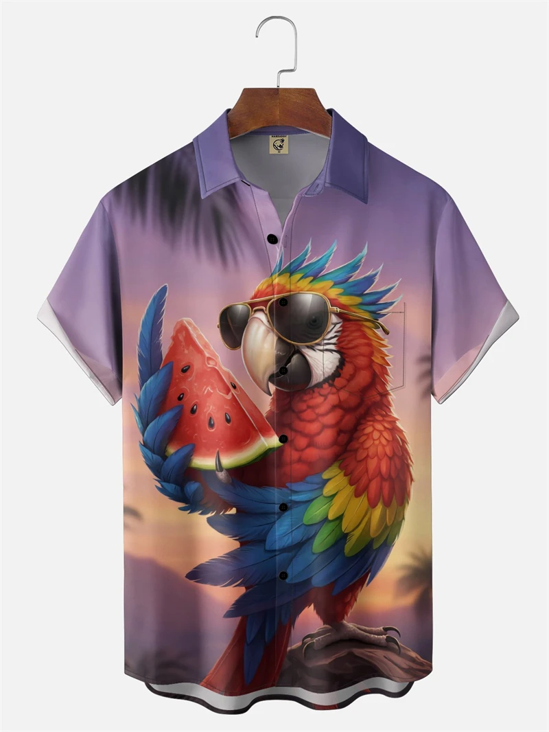 

2026 New Hawaiian Shirt For Men Women Funny Parrot Graphic Button Lapel Short Sleeve Shirts Summer Holiday Harajuku Blouse Tops