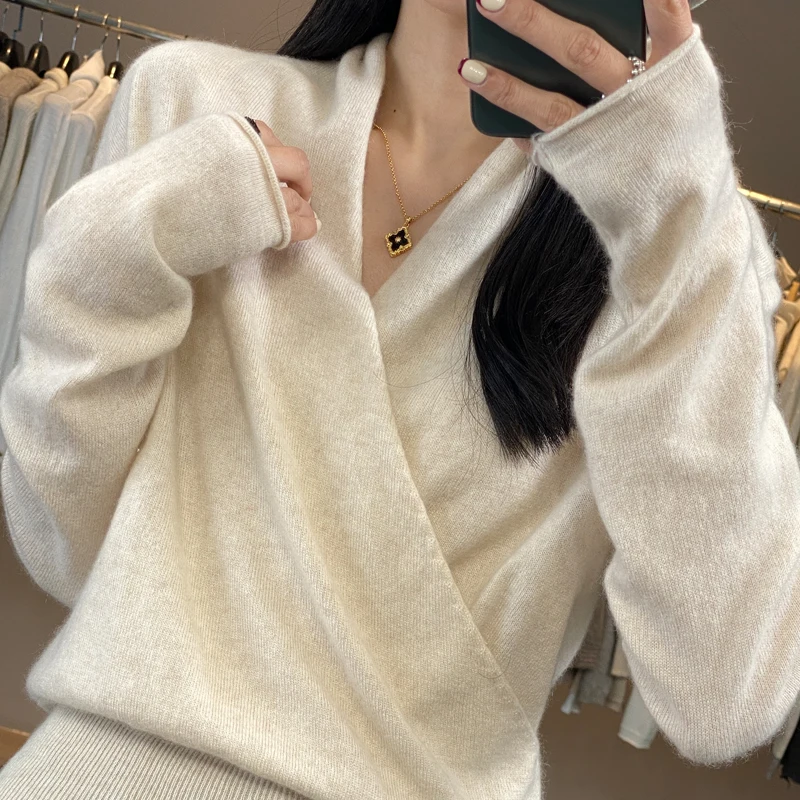 100% Pure Wool Cardigan Iadies V-Neck Top Spring And Autumn New Thin Cashmere Sweater Casual Knitted Ioose Female Jake