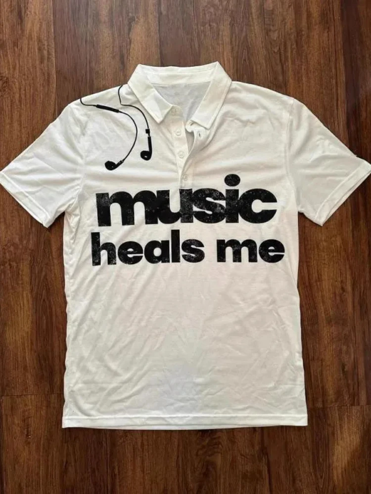 Brief Kopfhörer Druck 2000s Frauen Sommer Harajuku Kreative Tops High Street Polo Kragen Taste Mode Kurzarm T-shirts