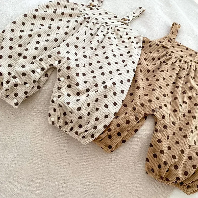 

Детский комбинезон-боди без рукавов в горошек на бретелях из вельвета для мальчиков и девочек, осенний, для новорожденных, 0-24 месяца