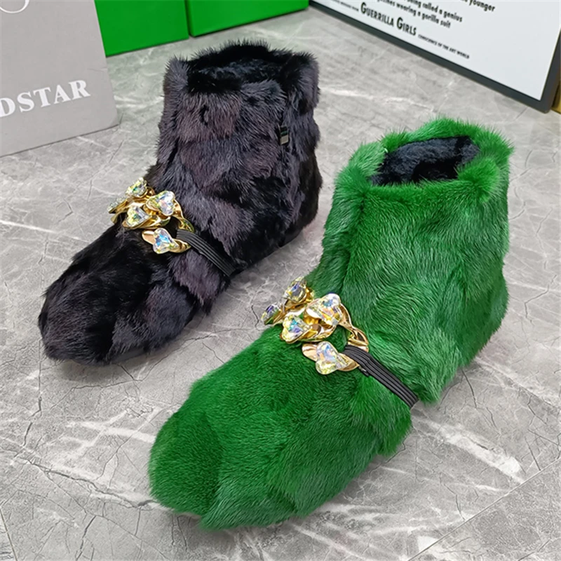 

Green Winter Boots for Women 2026 Mink Fur Warm Snow Botas Thick Sole Platform Shoes Crystal Plush Flats Winter Furry Creepers