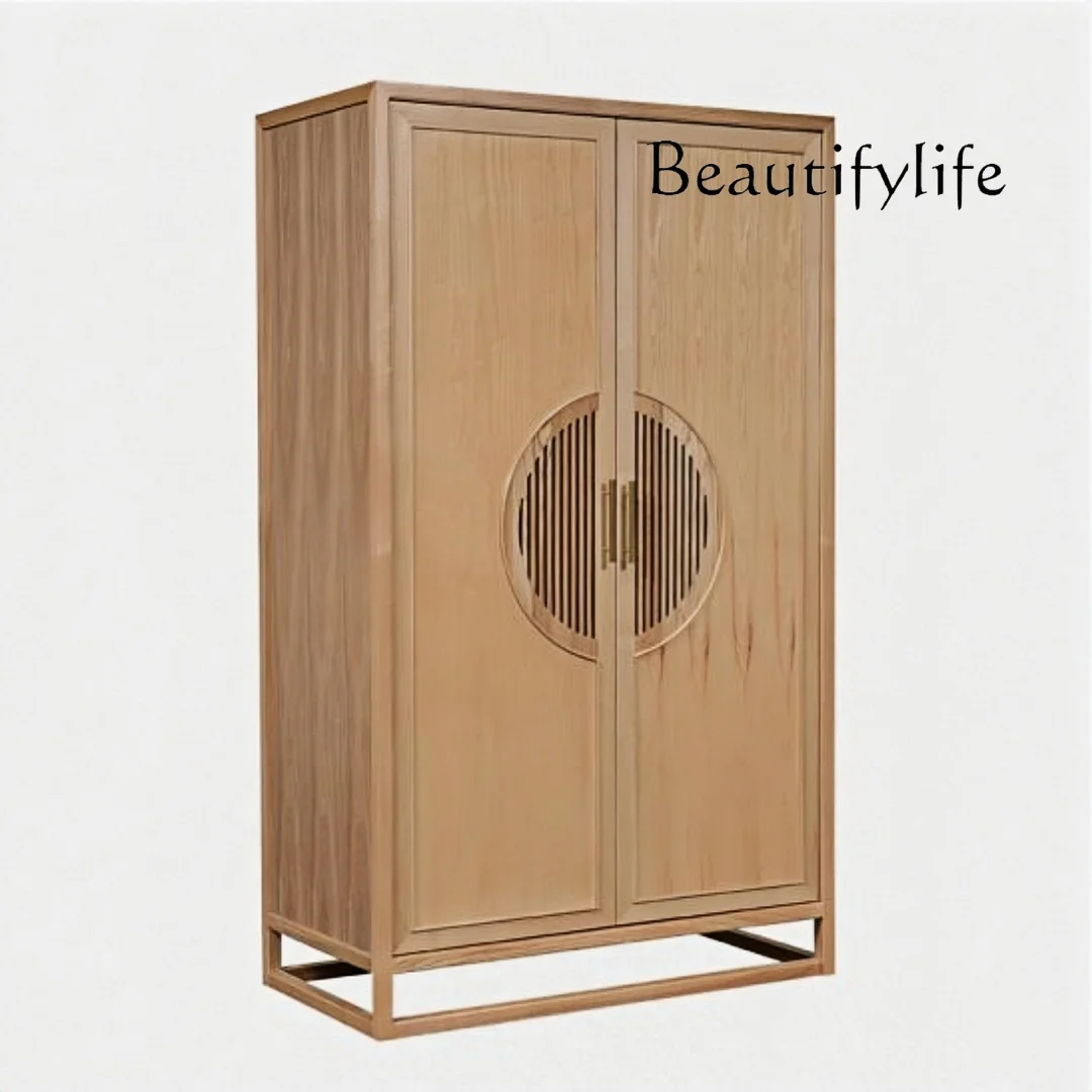 

New Chinese Solid Wood Wardrobe Modern Double Door Zen Clothes Cabinet Locker Bedroom Log Color Club