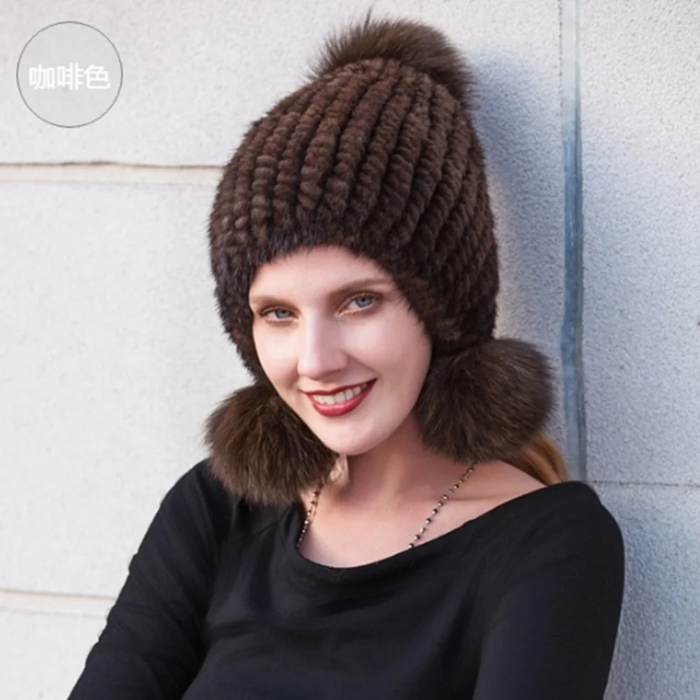 Genuine Rabbit Fur Earflap Hat Russia Warm  Real Rabbit Fur Winter Accessories Bomber Hats For Women FEIMANYUAN