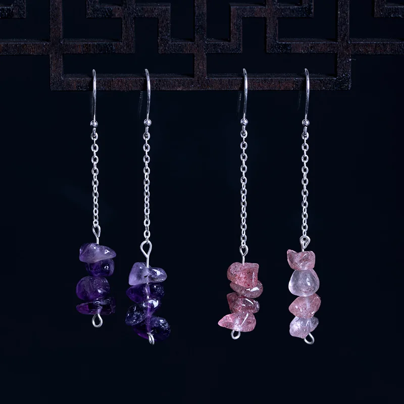 Bohemia Natural Stone Gravel Tassel Earring Raw Crystal Fluorite Chips Charm Dangle Reiki Hook Eardrop Women Jewelry Gift