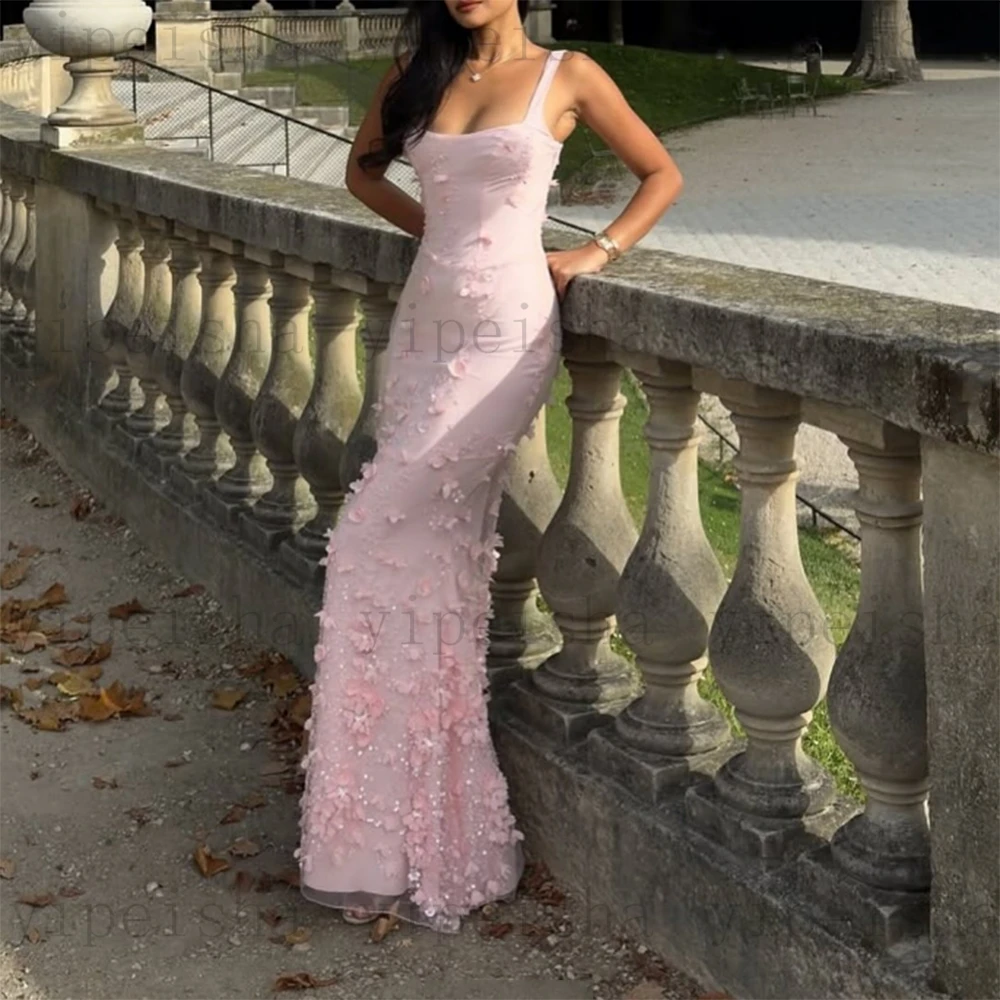 Personalizado gola quadrada sereia vestidos de noite cinta espaguete vestido de festa 3d flores lantejoulas rendas apliques longo vestido de baile