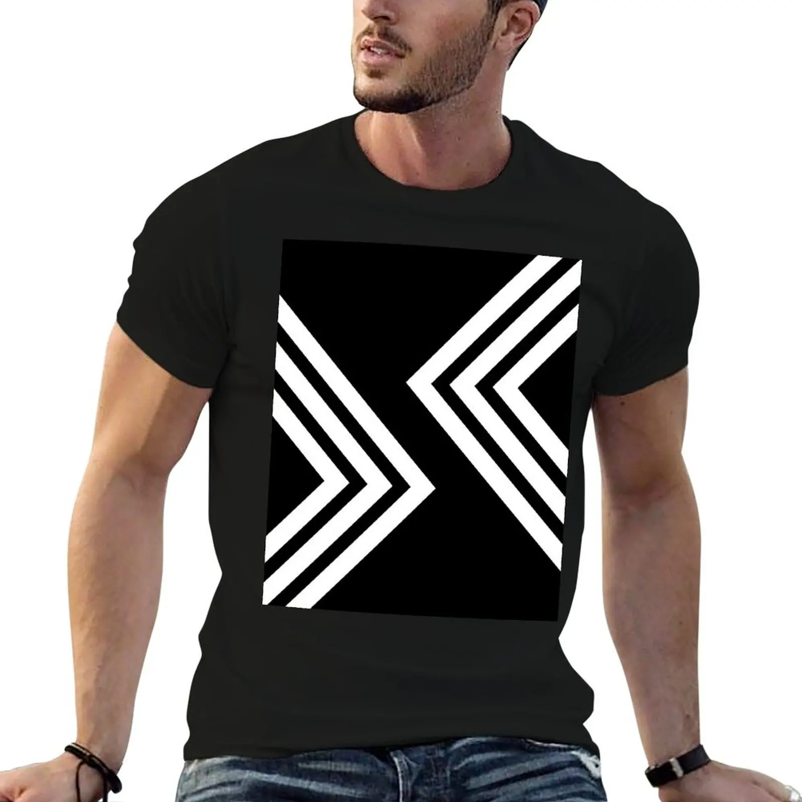 Black and White Chevron T-Shirt Simple Solid Color Crew Neck Tee