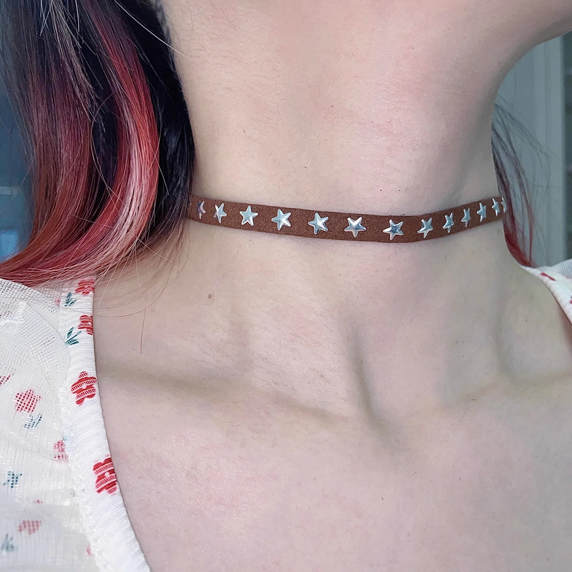 Gothic Black Suede Star Stud Choker, Punk Silver Star Rivet Collar Necklace Adjustable Grunge Neck Accessory