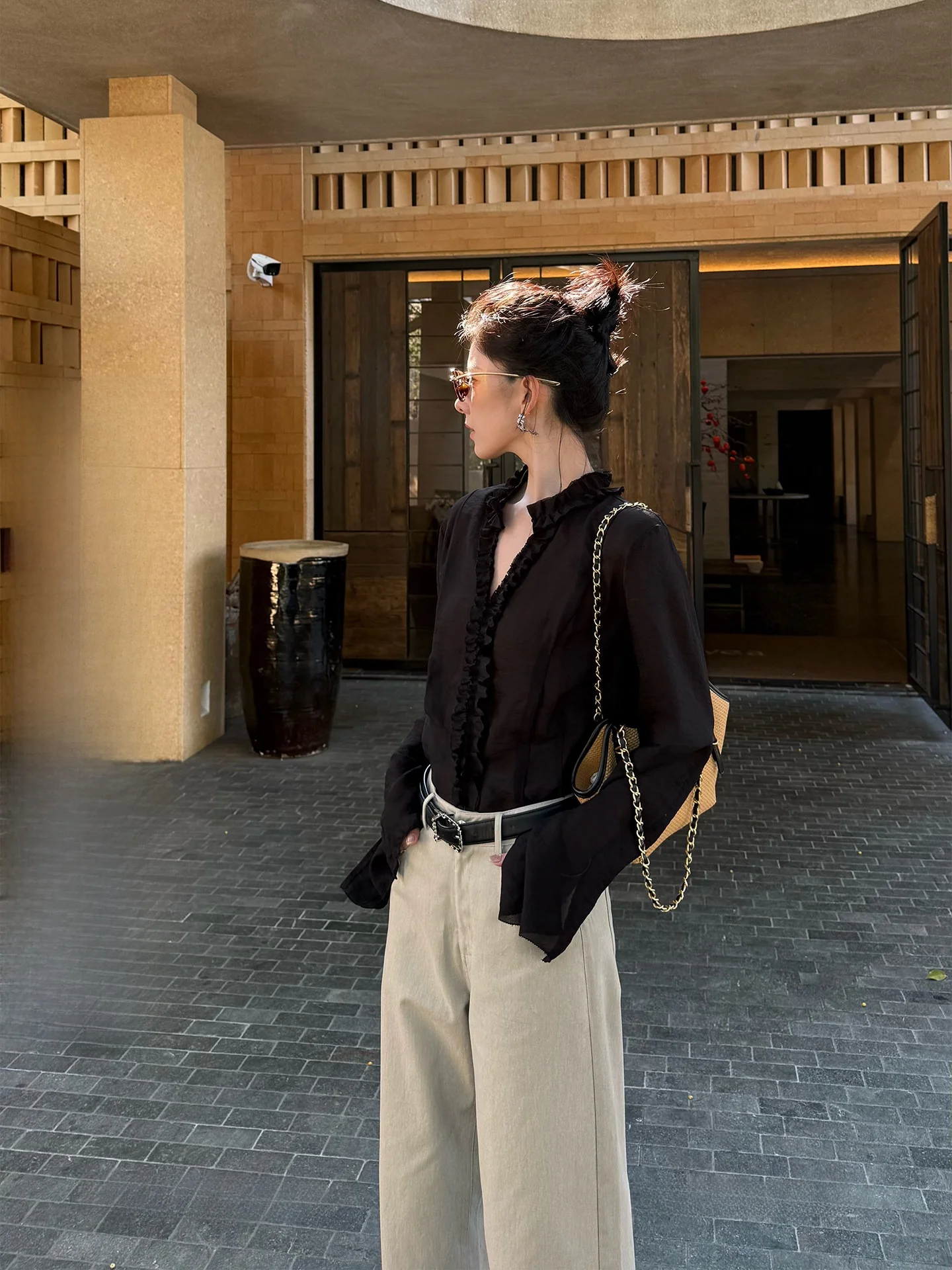 

Женская блузка Oxygen Feeling с кружевным подолом, драпировкой и длинными рукавами, повседневная, модная, молодежная, во французском стиле