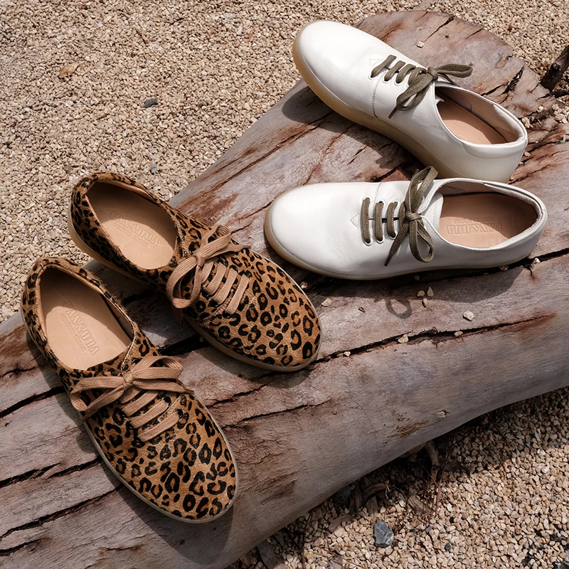 Women Leopard Sneakers Spring Autumn Real Leather Casual Shoes Women's Lace-Up Flats Round Toe Girls Fashion Horsehair Sneakers