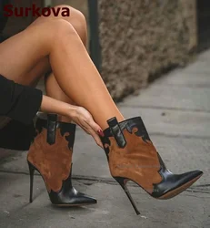 Surkova Brown Suede Patchwork Black Matte Pointed Toe Booties Women Sexy Thin High Heel Ankle Boots Colorized Slip-on Shoes