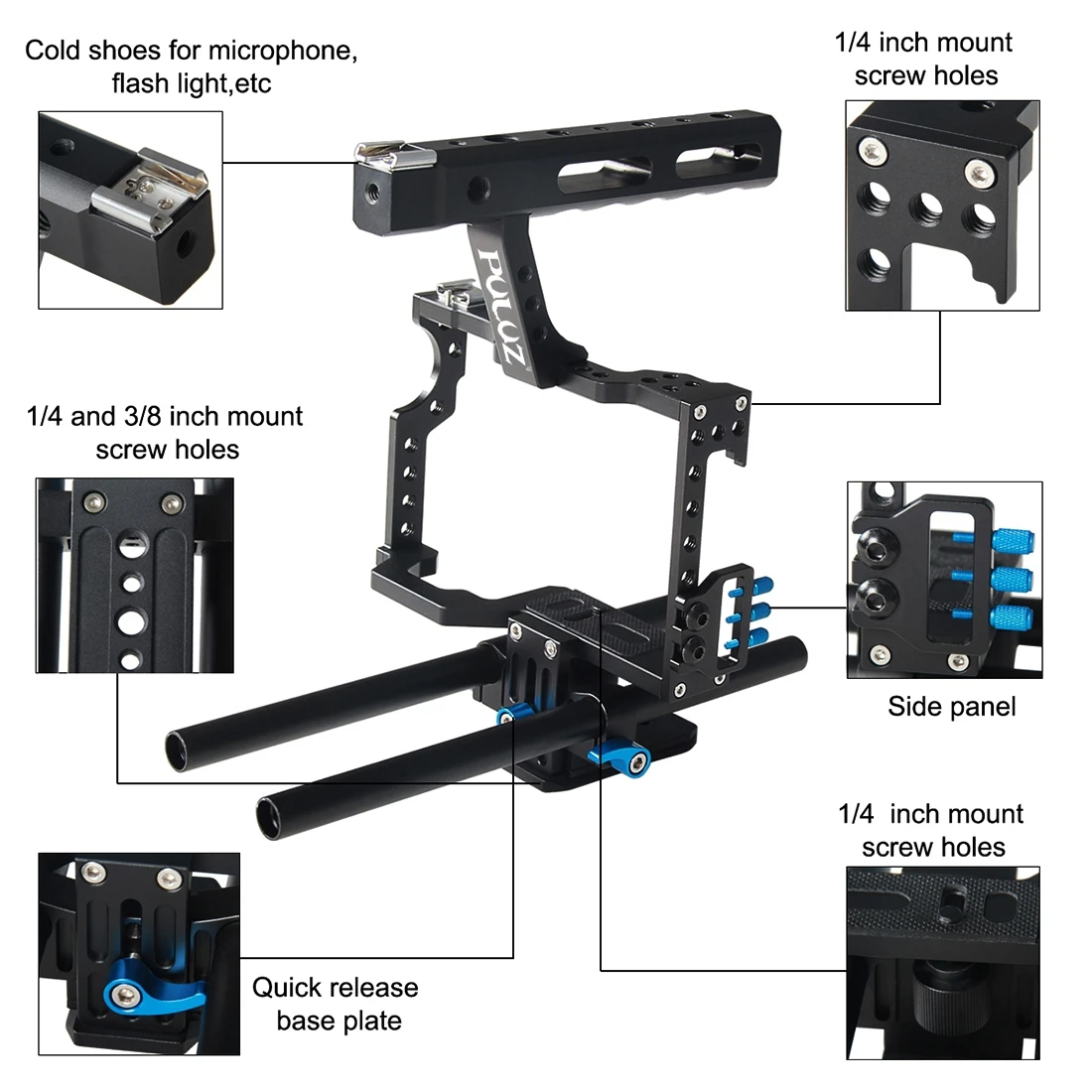 PULUZ Camera Metal Cage Handle Stabilizer Mount For Sony A7 A7R III A7S II A7R IV, A6500 A6300 A6000, Panasonic Lumix DMC-GH4