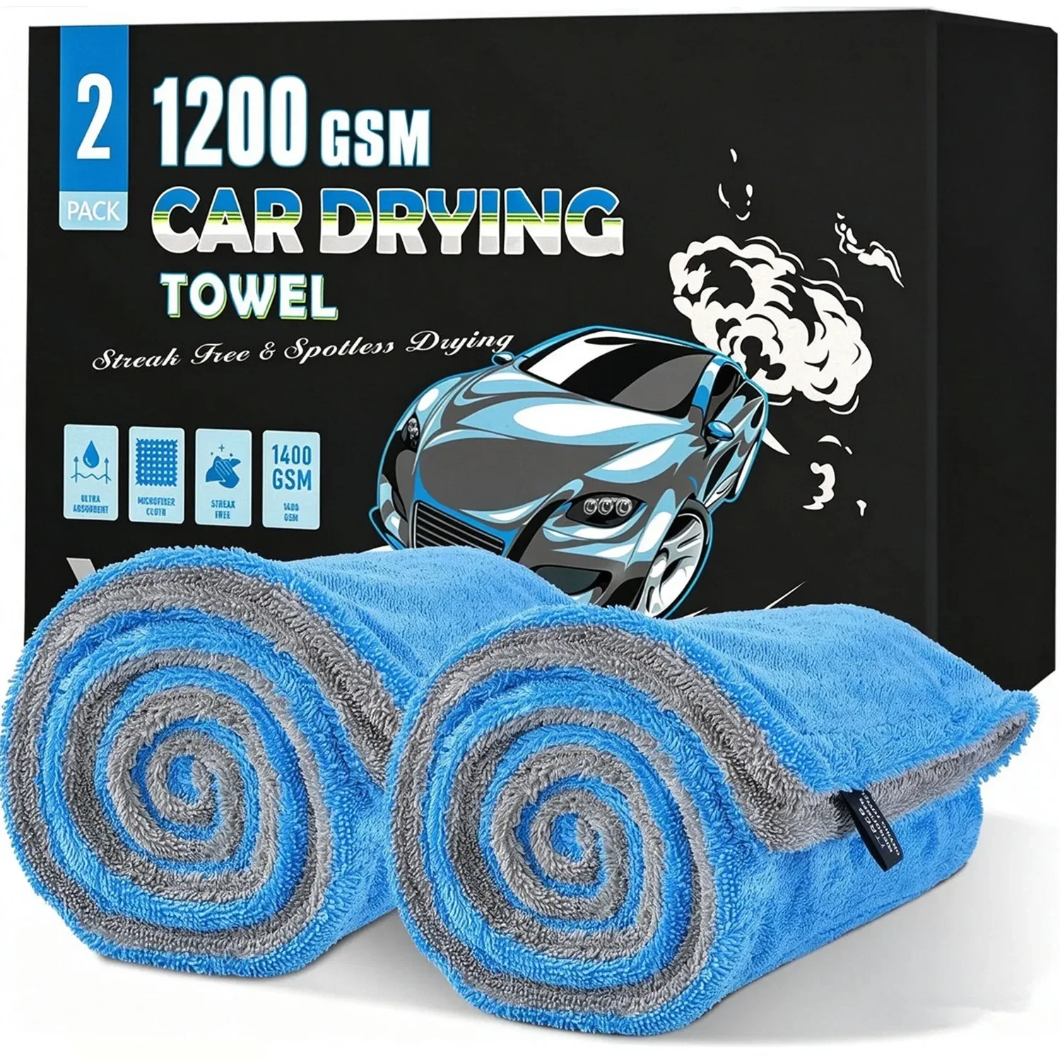 2 Pack Car Drying Towels (60x120cm) Extra Large Microfiber Cars 1200 GSM Ultra-Absorbent Streak Free Double Twisted-Loop Drying