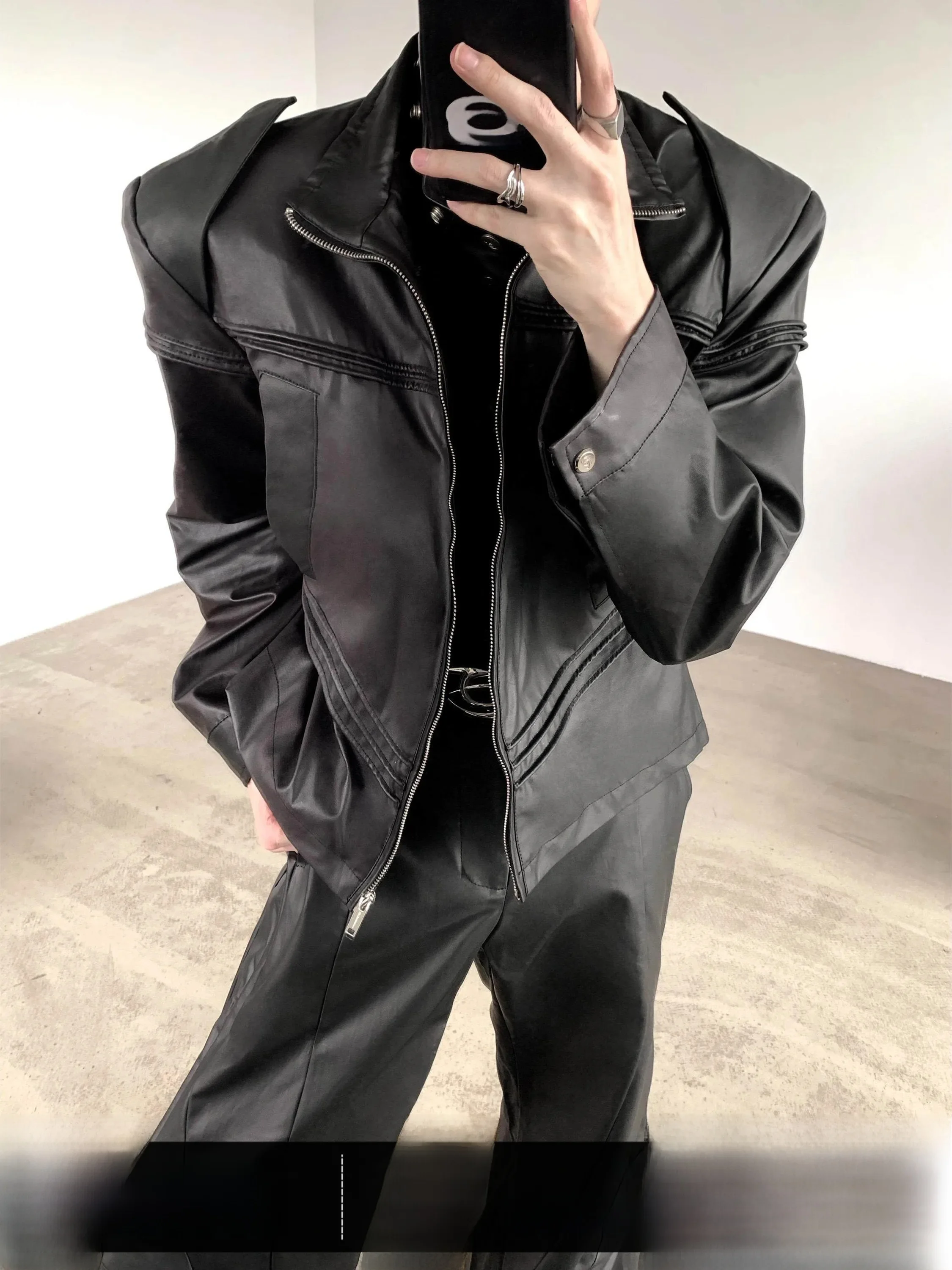 Black Leather Jacket Men's Shoulder Padded Punk Deconstructed Design Autumn Mountain Style Outerwear Fashionable Youth 