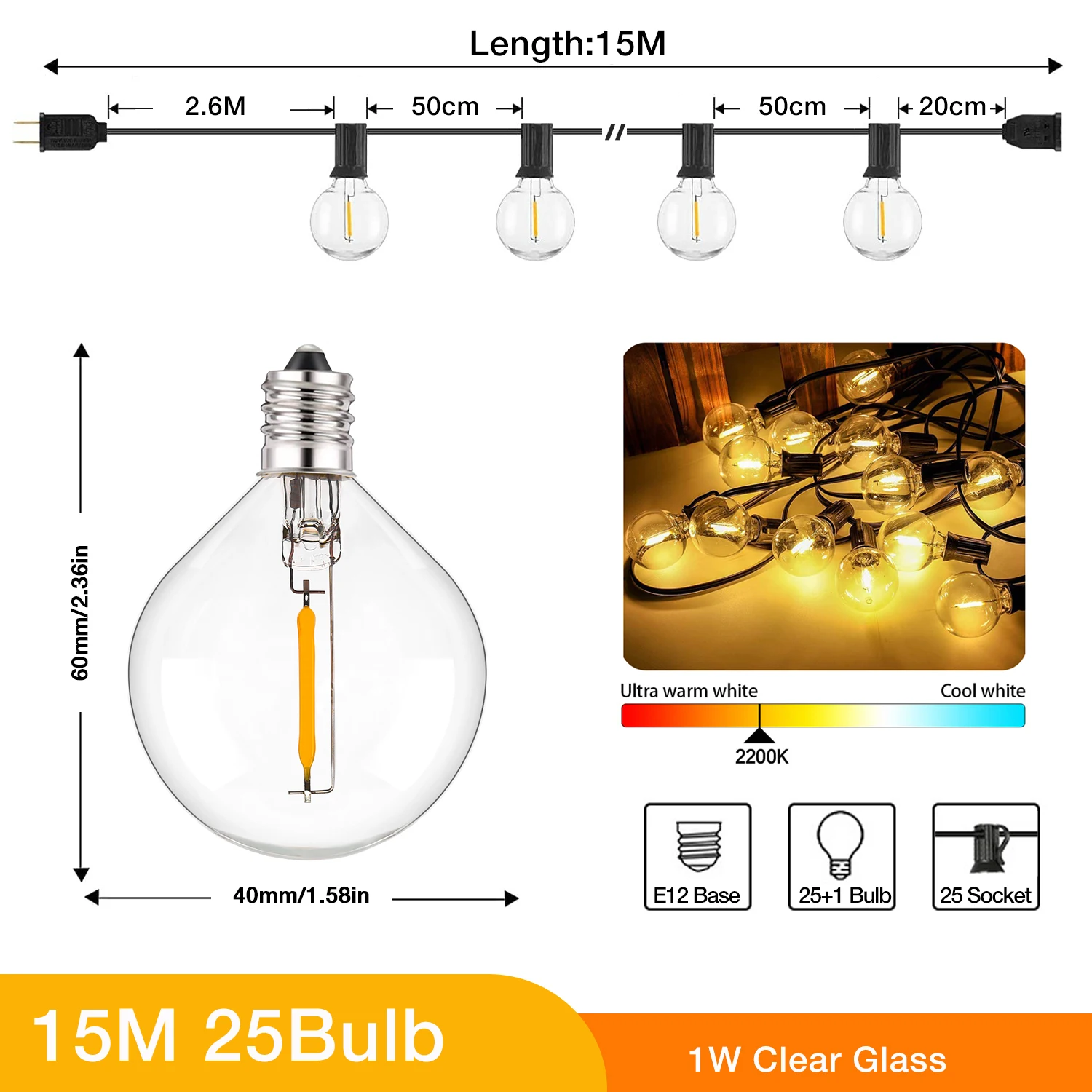 Ganriland 65ft Outdoor Slinger Lichtslinger Lichten Dimbare E12 Sockets G40 Globe Led Lamp Koppelbaar Gard Decor Fee Lichte Ketting