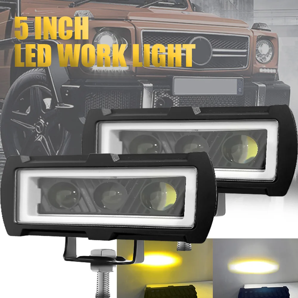 Duble Color Car Led Work Light Bar 5 Inch Driving Running Fog Lamps Long Lange Led Headlights 12-24V for Motorcycle Offroad 4X4