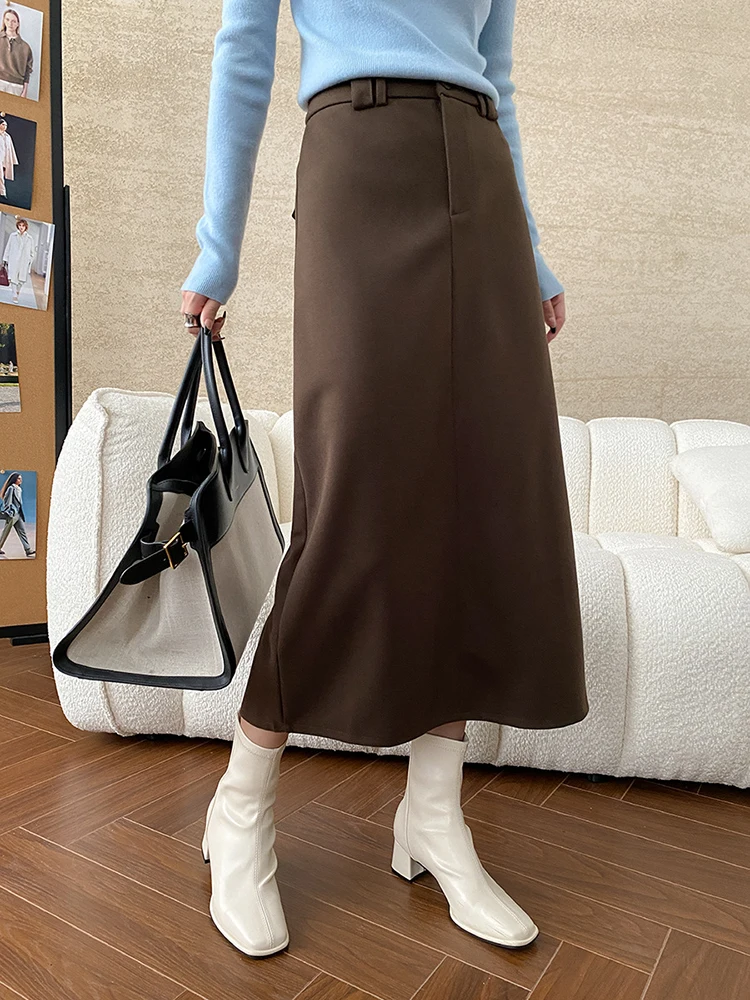 [LANMREM] Office Lady High Waist Skirt For Women A-line Mid-length Elegant Wool Skirts Female Clothing 2024 Winter New 26C1101