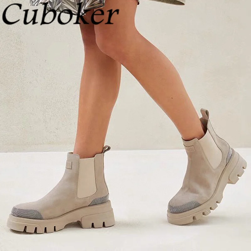 High Quality Women Suede Boots Lace up Thick Sole Round toe Female Suede Zip Ladies Motorcycle Winter Short Boots women mujer