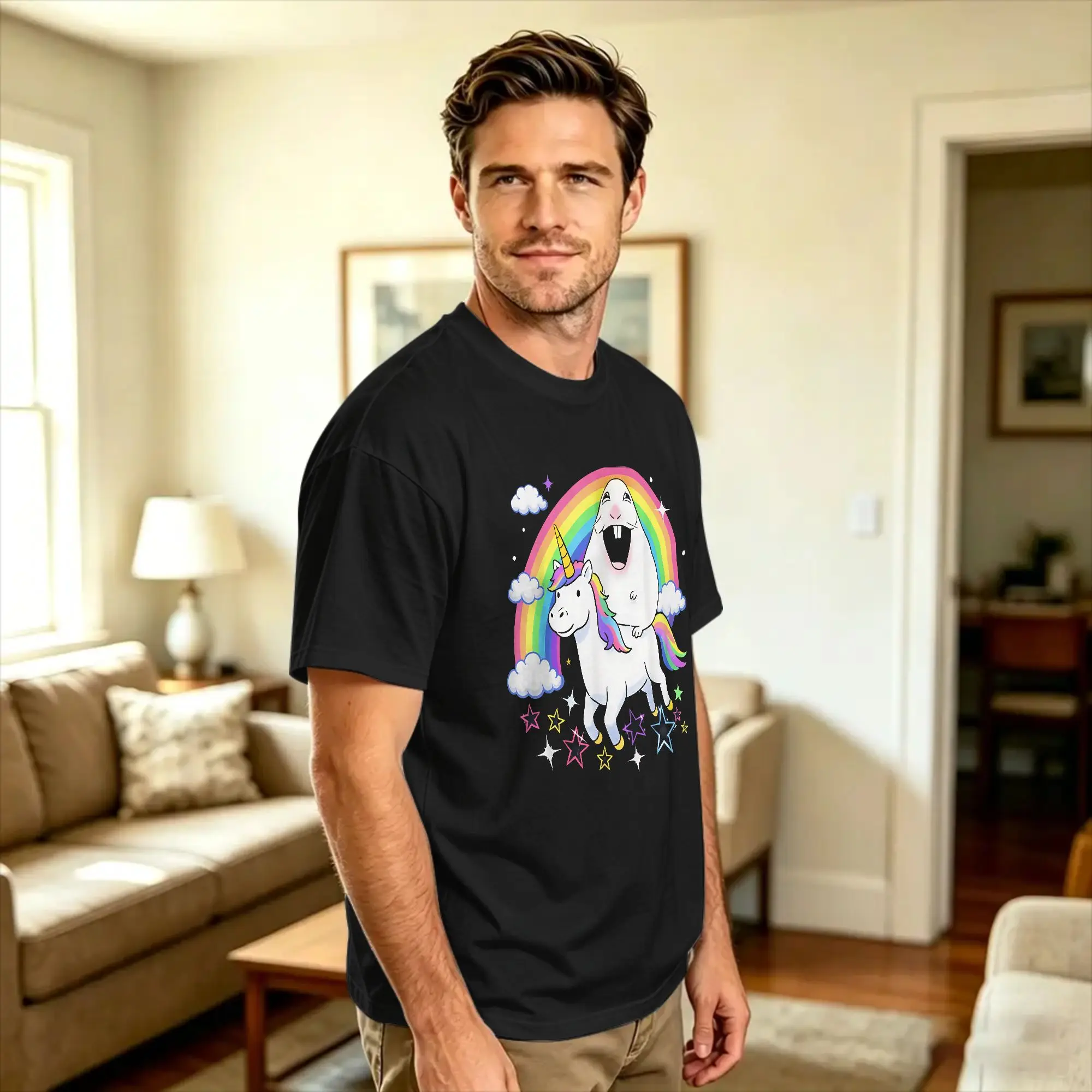 Hamster Riding Unicorn Over Rainbow Meme Happy T-Shirt Summer  Harajuku T-Shirts 100% Cotton Crew Neck Oversize Top Tees