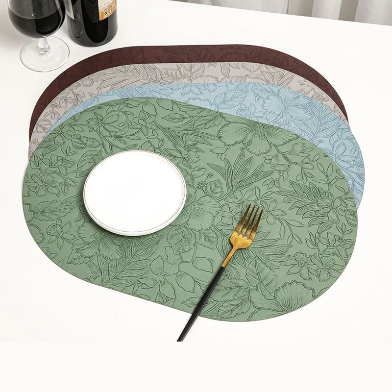 

2pcs Oval Leather Placemat Coasters Nordic Table Mat Flowers Light Luxury Kitchen Mat For Dining Table Non-slip Pad Table Cloth