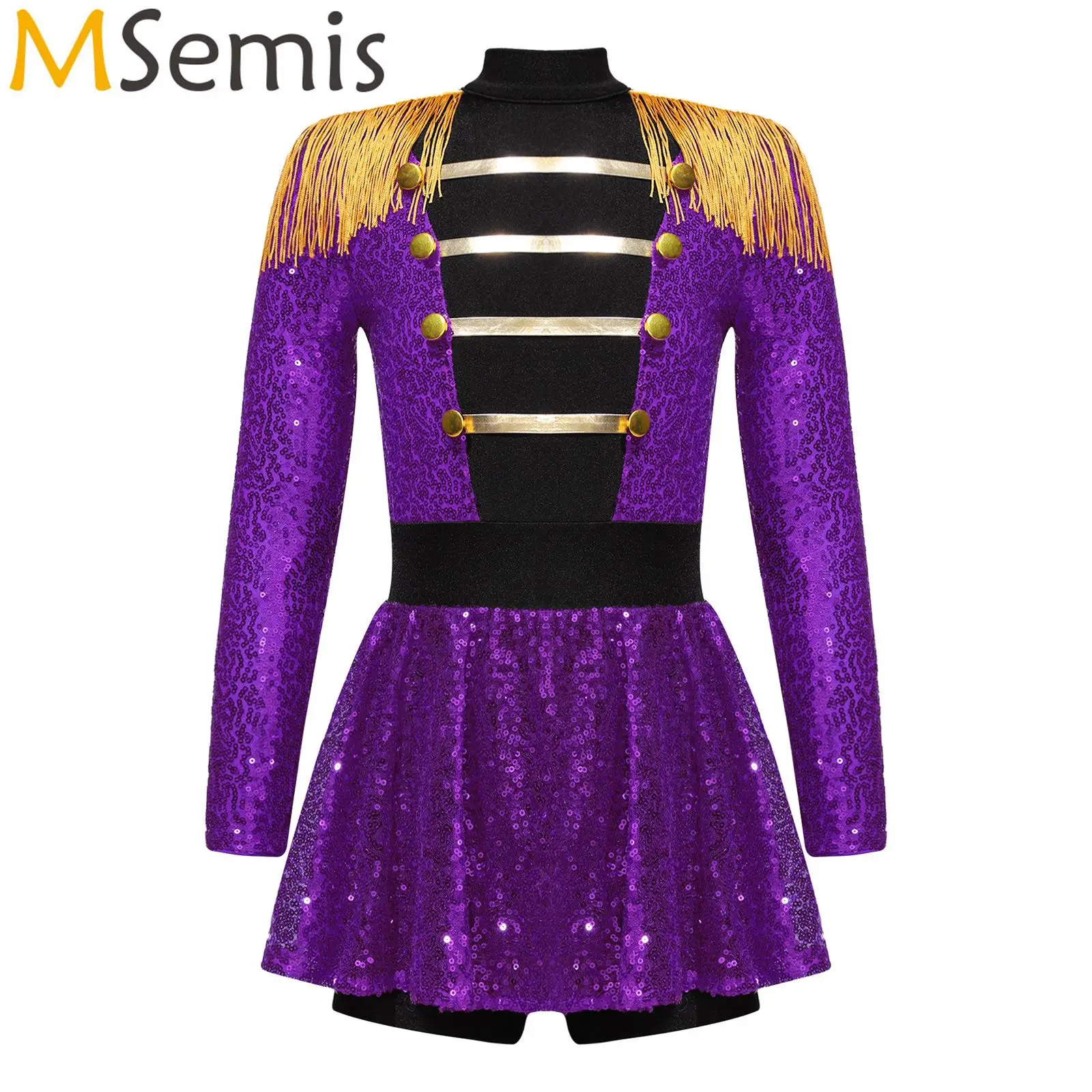 

Children Girls Halloween Ringmaster Circus Costume Long Sleeve Tassel Shiny Sequins Bodysuit Dance Dress for Cosplay Performance