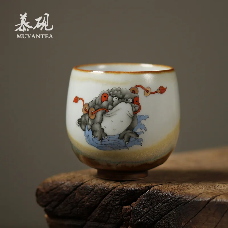 

Mutaoyi Vintage Chinese Style Single Fortune Golden Toad Ru Kiln Master Kung Fu Cup With Crackle Glaze For Tasting Tea