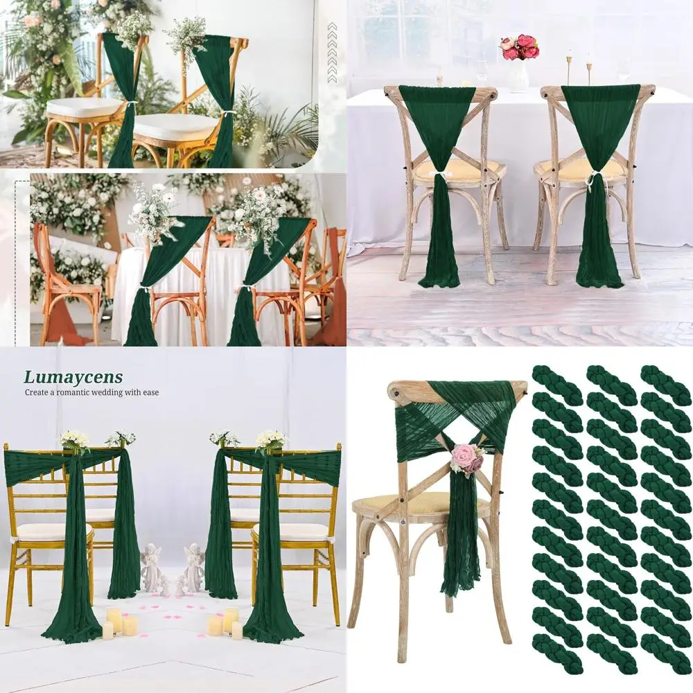 

50 Pack Emerald Green Cheesecloth Chair Sashes with Bows for Wedding and Party Aisle Decorations