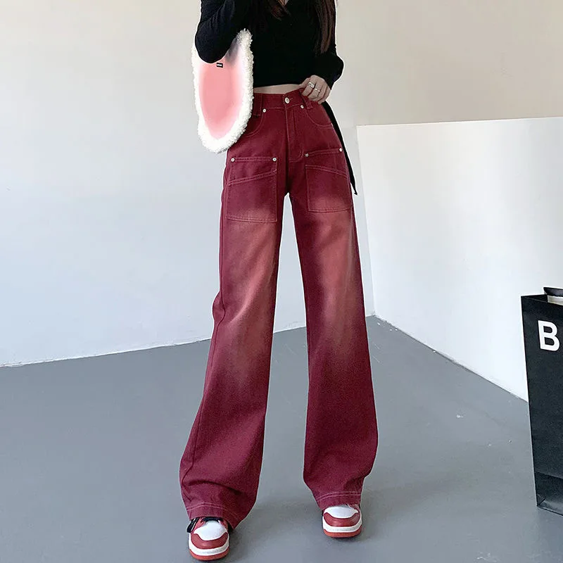 American Casual Jeans Women's Street Style Loose Denim Trousers High Waist Y2k Retro Washed Old Wide-leg Pants Red Tooling