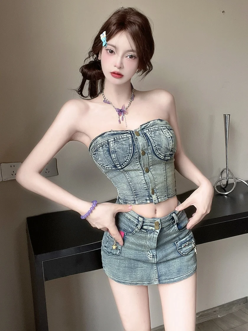 

Sexy American Sle Hot Girl Denim Set Vest Tube Top Bodycon ort Skirt Two Piece Set 2025 Spring New Arrival Women's Faion