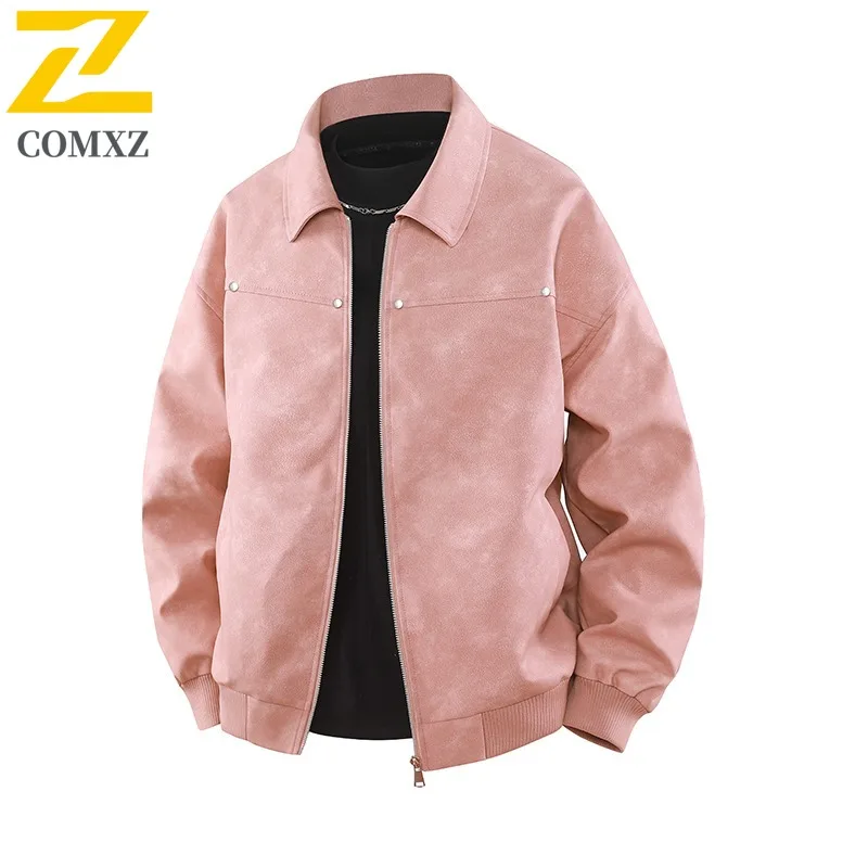 

COMXZ Premium Stand Collar Men Leather Jacket Outdoor Biking Cozy Motorcycle Coat Urban Light Wind Resistant Autumn Apparel